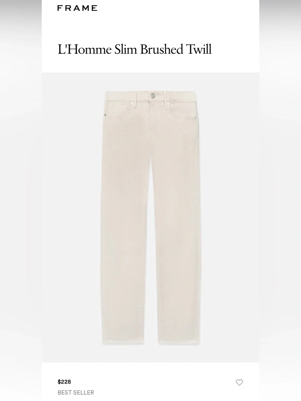FRAME L'Homme Slim Brushed Twill Jeans Men's 30 Milk Beige Slim Fit Premium Pant